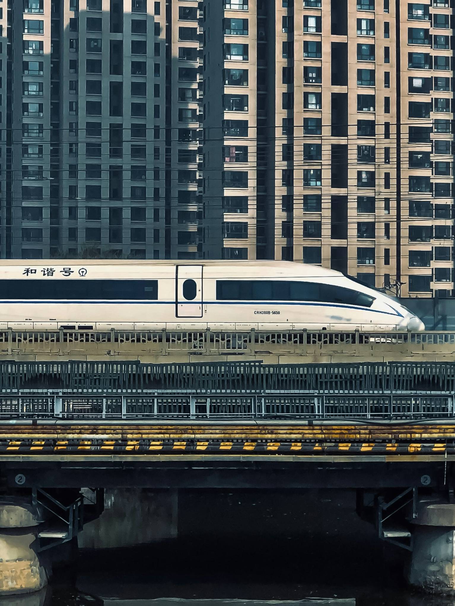 A high speed train traveling over a bridge